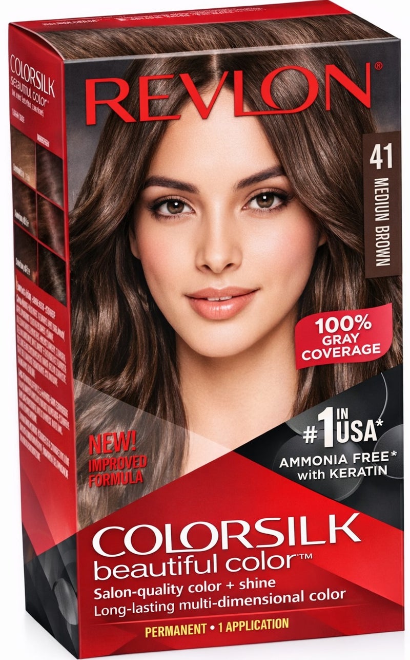 ريفلون صبغة شعر ريفلون كولور سيلك رقم 41 بني متوسط – لون دائم بدون أمونيا مع تغطية كاملة للشيب - Image 1